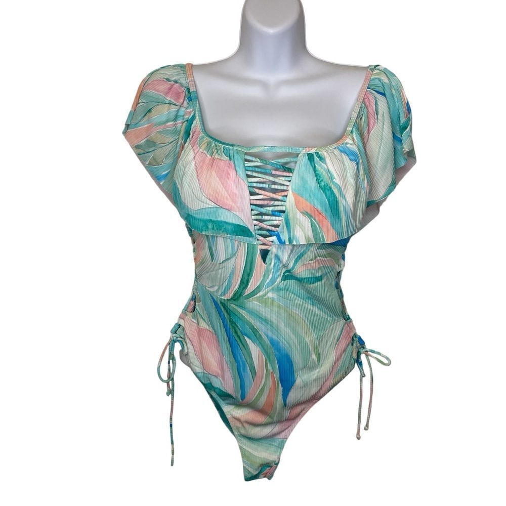 TiniBikini On or Off Shoulder Pastel Floral Tropical One Piece Swimsuit Large